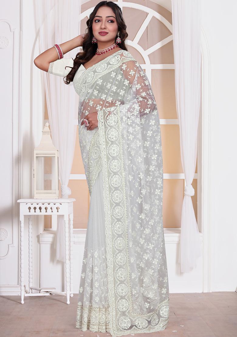 White Sequin Embroidered Border Net Saree Set