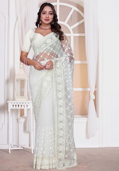 White Sequin Embroidered Border Net Saree Set