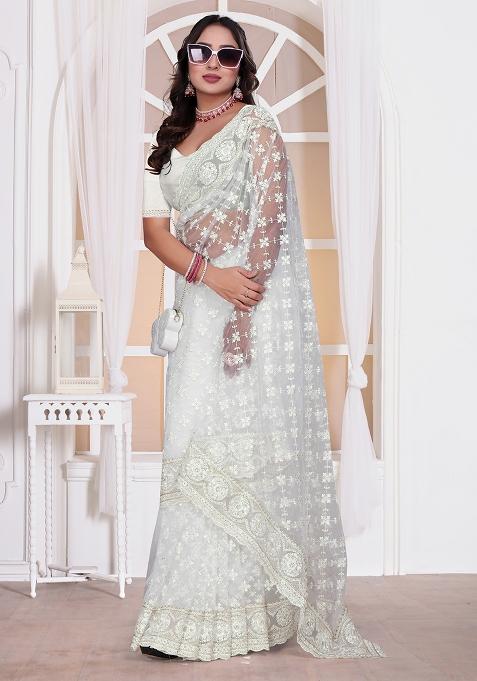 White Sequin Embroidered Border Net Saree Set