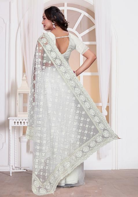 White Sequin Embroidered Border Net Saree Set