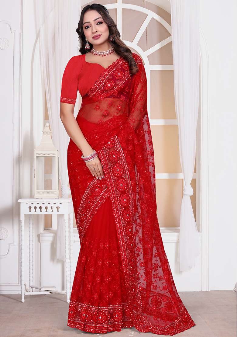 Red Sequin Embroidered Border Net Saree Set for Diwali and Festive Wear - Indya