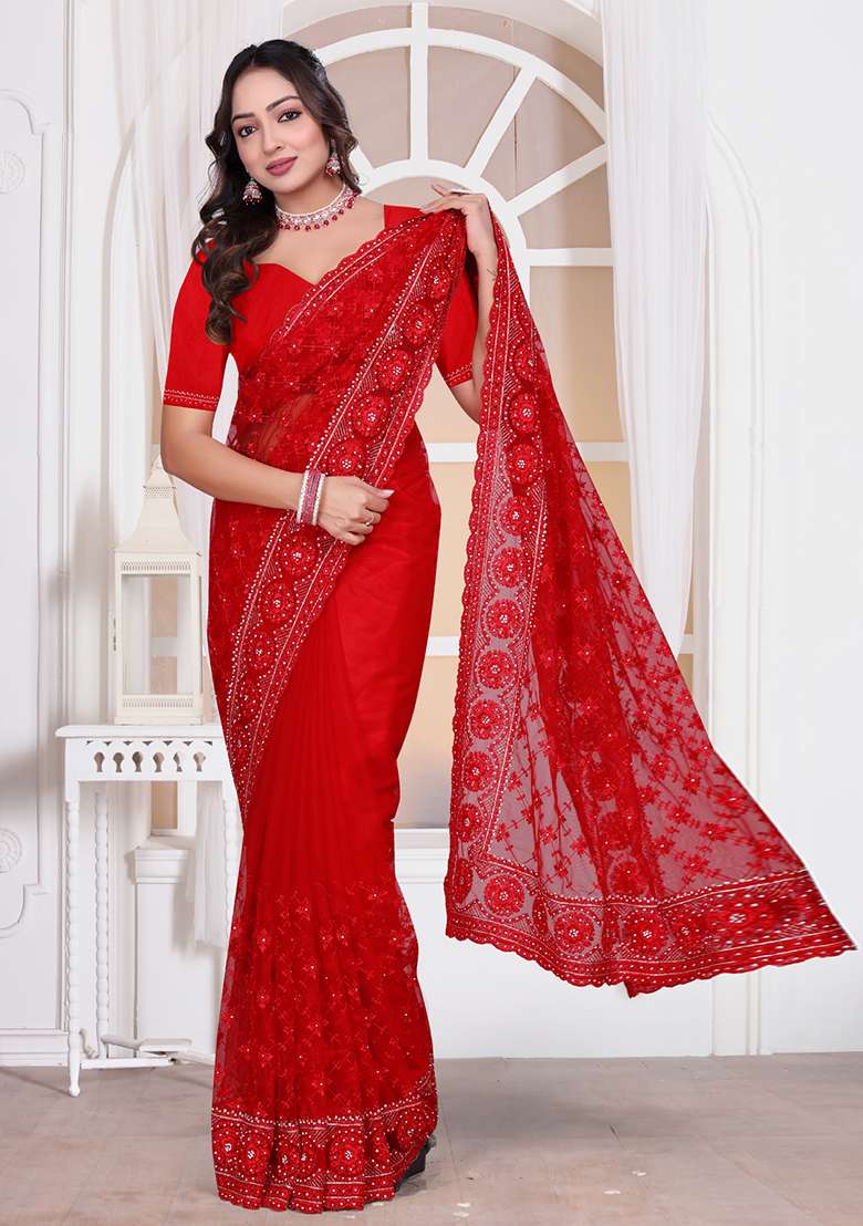Red Sequin Embroidered Border Net Saree Set for Diwali and Festive Wear - Indya