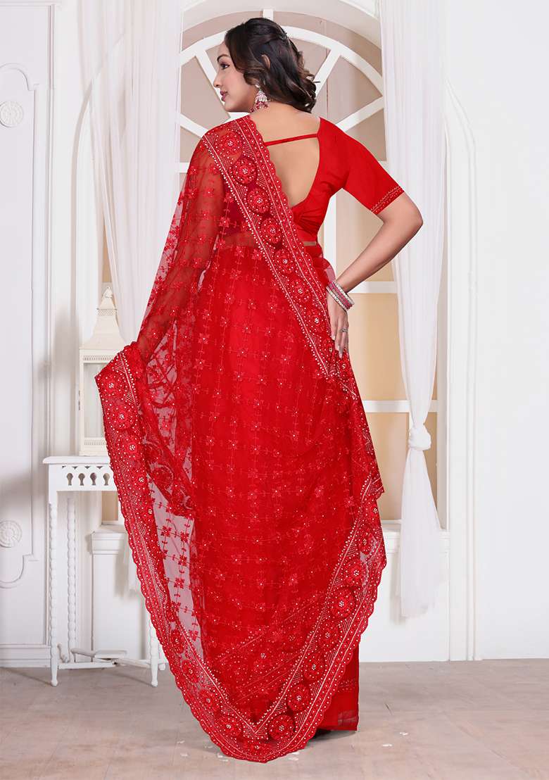 Red Sequin Embroidered Border Net Saree Set for Diwali and Festive Wear - Indya