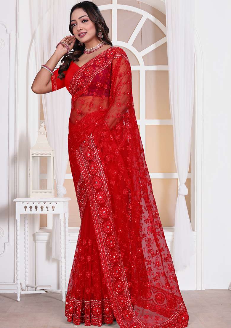 Red Sequin Embroidered Border Net Saree Set for Diwali and Festive Wear - Indya