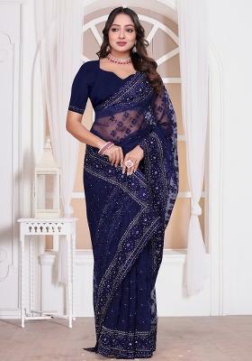 Navy Blue Sequin Embroidered Border Net Saree Set