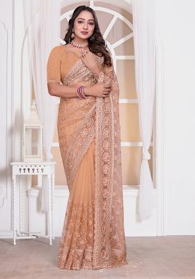Peach Sequin Embroidered Border Net Saree Set