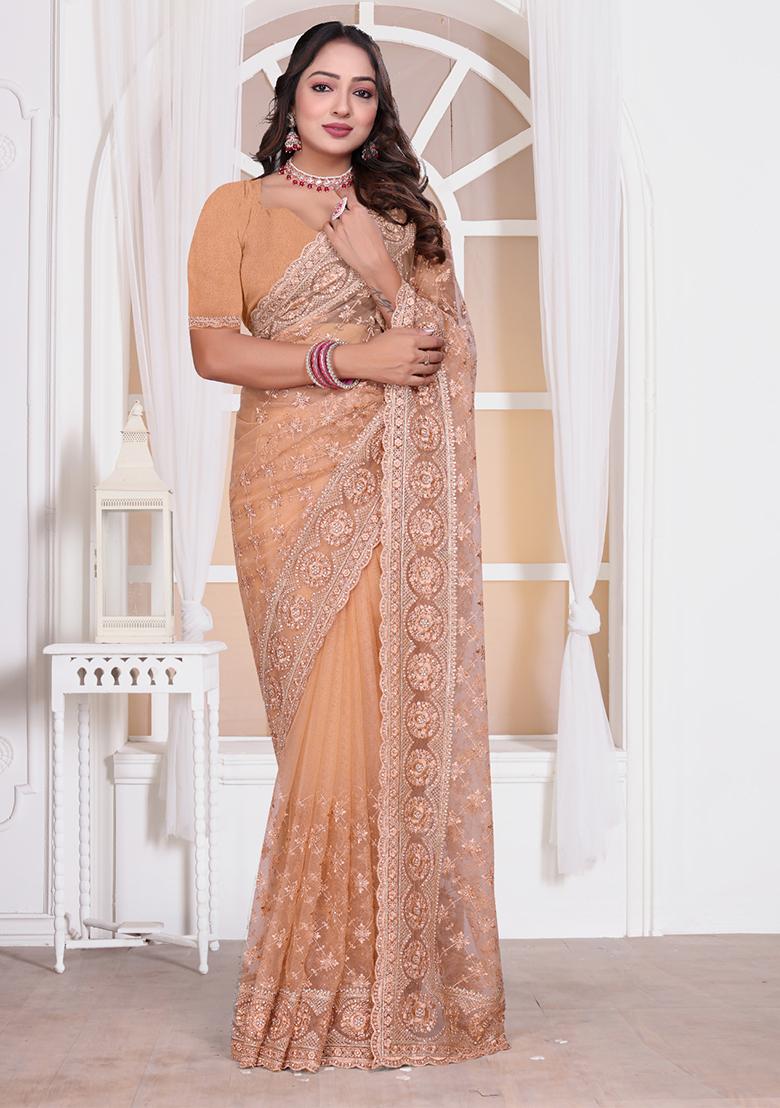 Peach Sequin Embroidered Border Net Saree Set