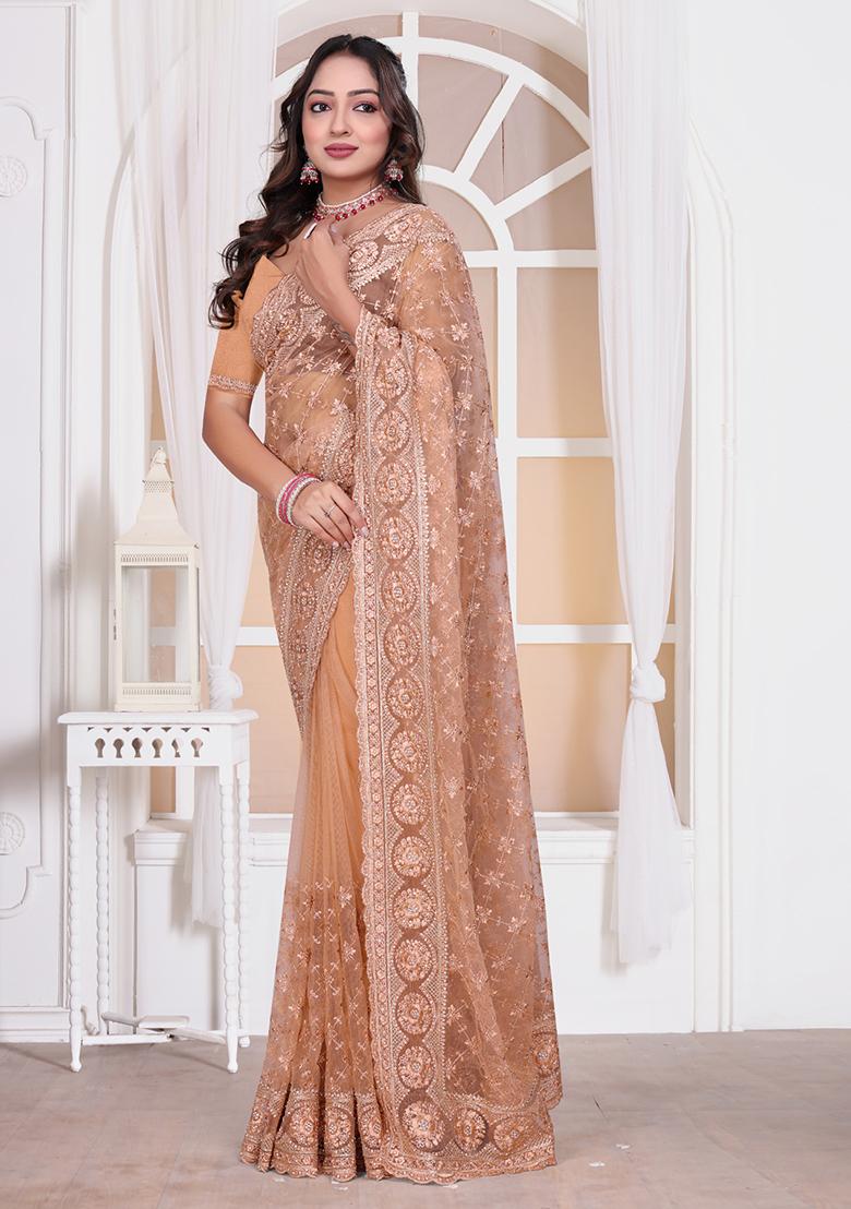 Peach Sequin Embroidered Border Net Saree Set