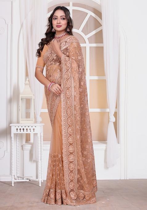 Peach Sequin Embroidered Border Net Saree Set