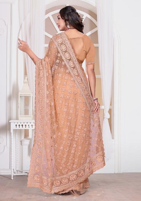 Peach Sequin Embroidered Border Net Saree Set