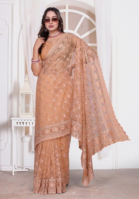 Peach Sequin Embroidered Border Net Saree Set