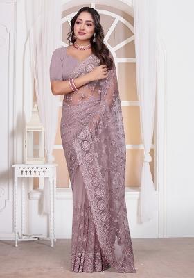 Lavender Sequin Embroidered Border Net Saree Set