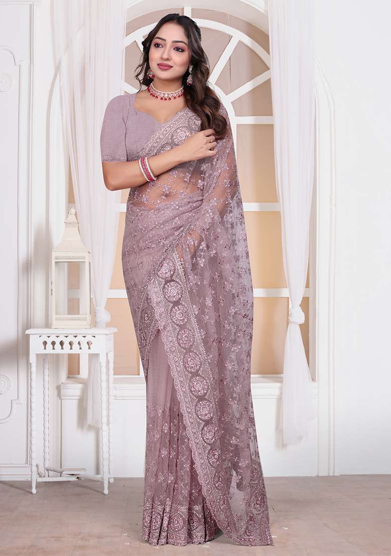 Lavender Sequin Embroidered Border Net Saree Set for Diwali and Festive Wear - Indya
