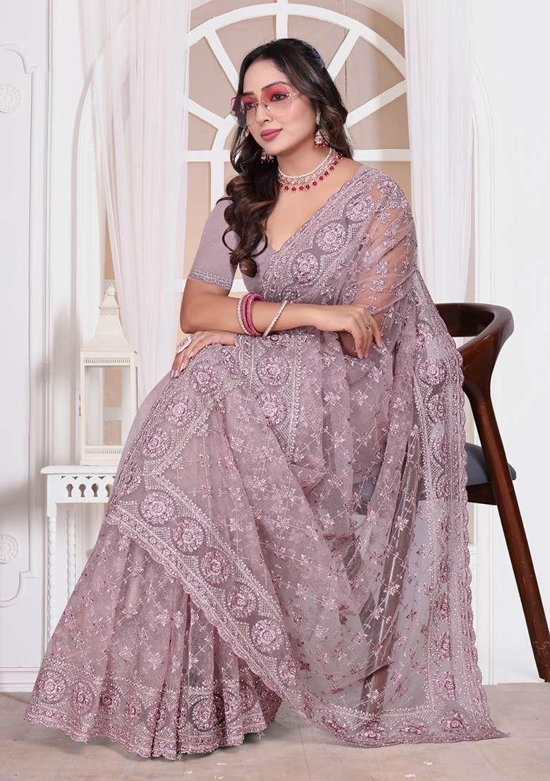 Lavender Sequin Embroidered Border Net Saree Set for Diwali and Festive Wear - Indya