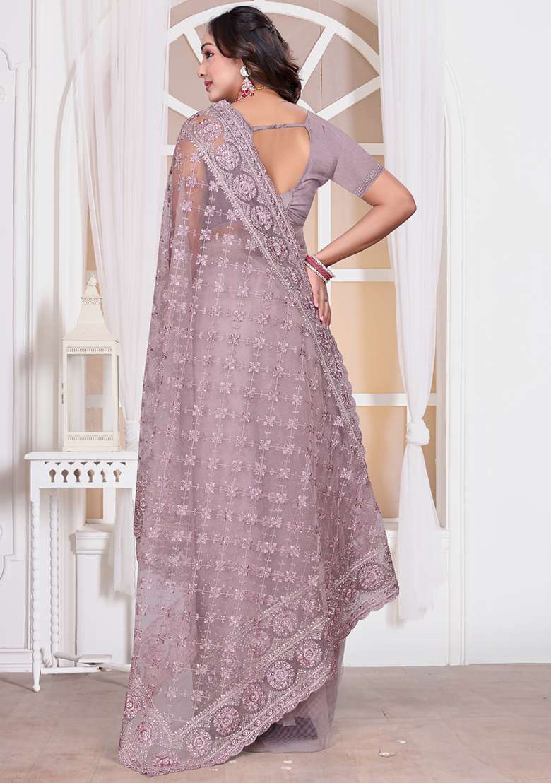 Lavender Sequin Embroidered Border Net Saree Set for Diwali and Festive Wear - Indya