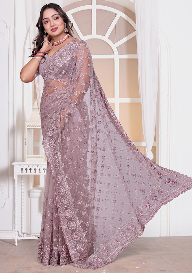 Lavender Sequin Embroidered Border Net Saree Set - Indya