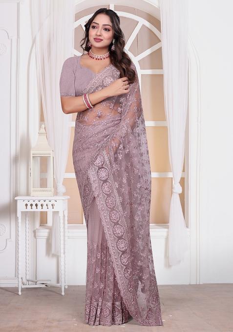 Lavender Sequin Embroidered Border Net Saree Set