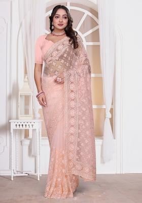 Peach Sequin Embroidered Border Net Saree Set