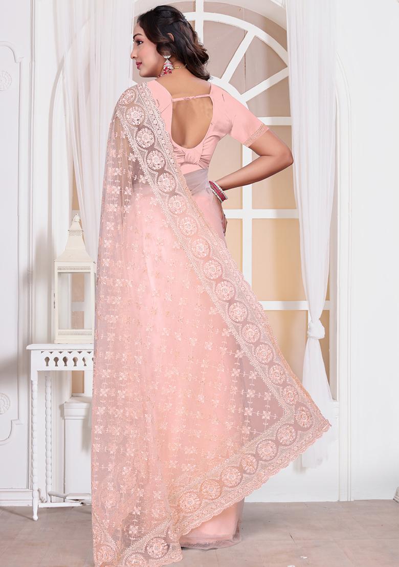 Peach Sequin Embroidered Border Net Saree Set