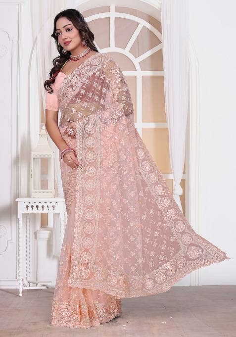 Peach Sequin Embroidered Border Net Saree Set