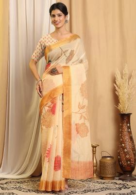 Beige Printed Chanderi Saree Set