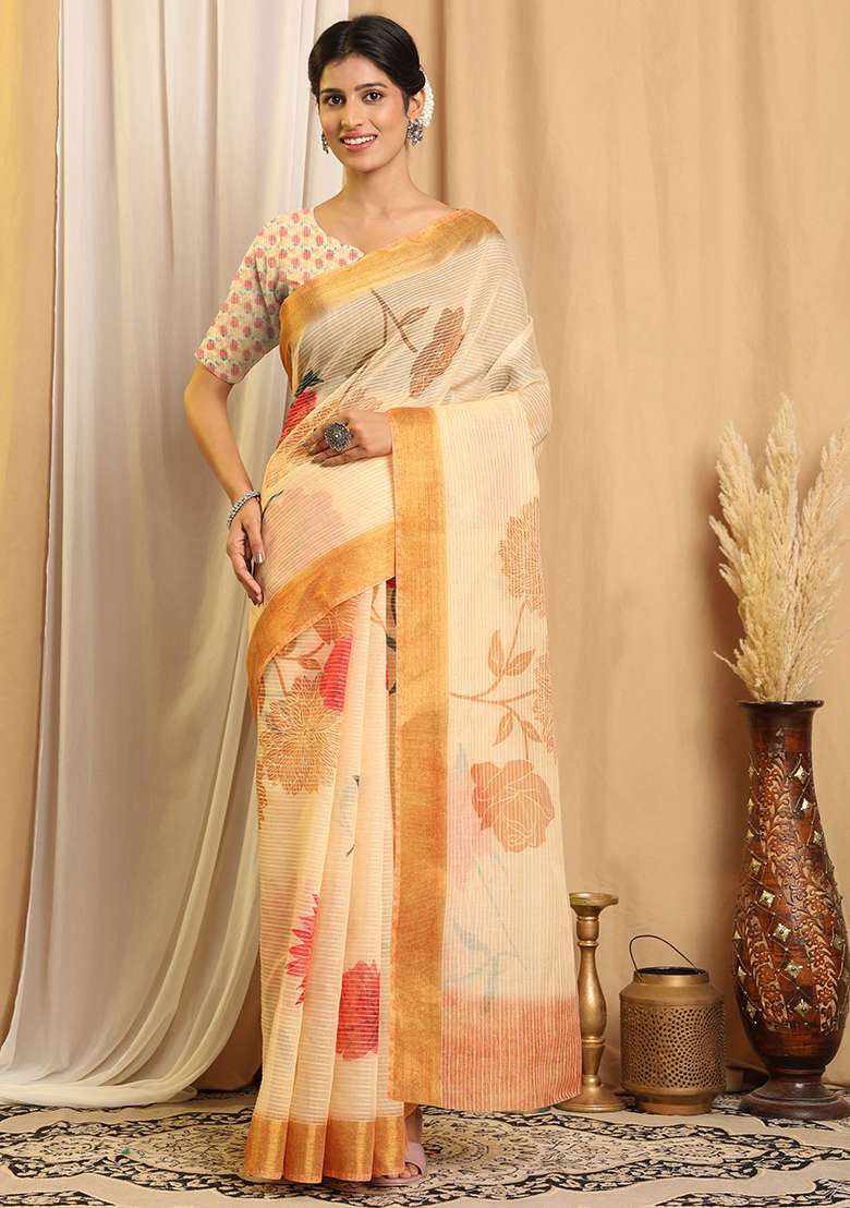 Beige Chanderi Saree Set with Printed for Diwali | Wedding & Festive Wear - Indya