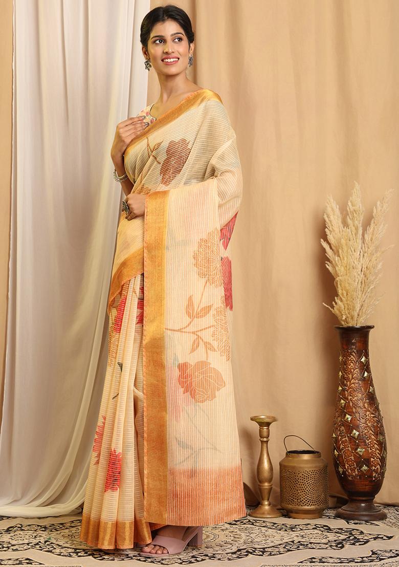 Beige Printed Chanderi Saree Set - Indya