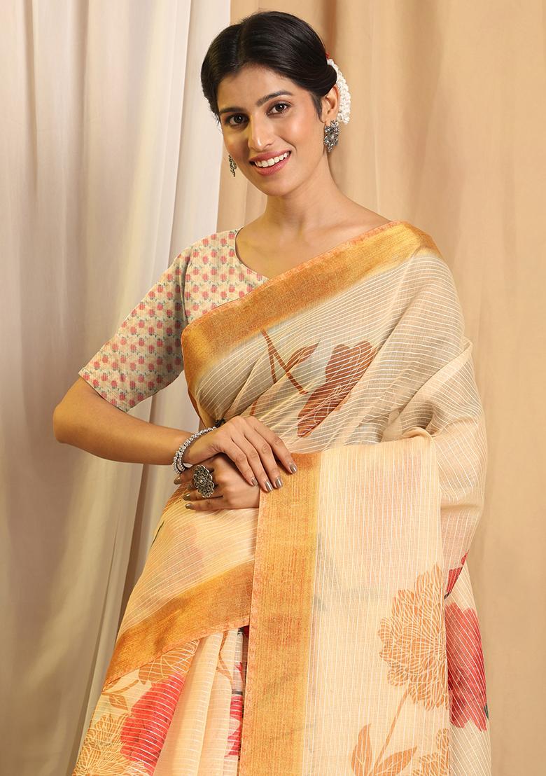 Beige Printed Chanderi Saree Set - Indya
