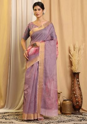 Purple Printed Chanderi Saree Set