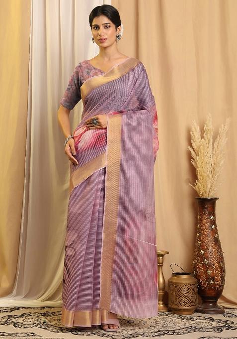 Purple Printed Chanderi Saree Set