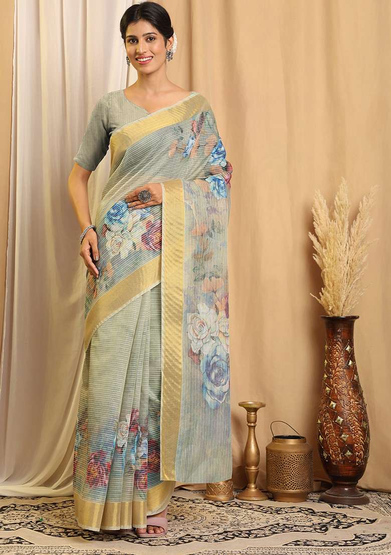 Sea Green Printed Chanderi Saree Set for Diwali and Festive Wear - Indya