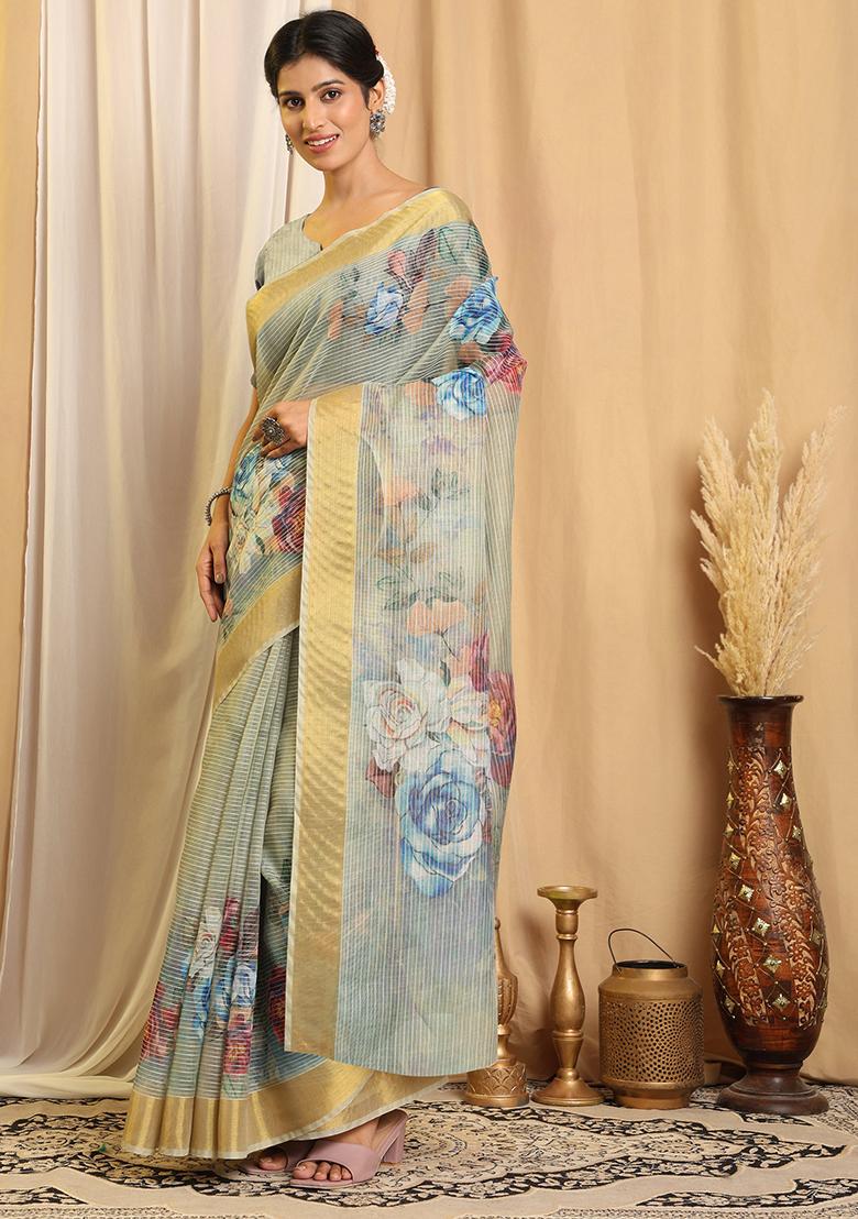 Sea Green Printed Chanderi Saree Set - Indya