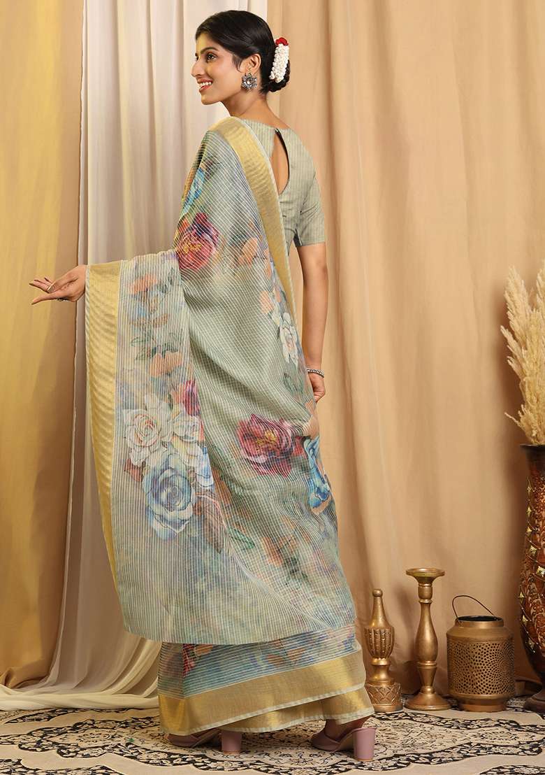 Sea Green Printed Chanderi Saree Set for Diwali and Festive Wear - Indya