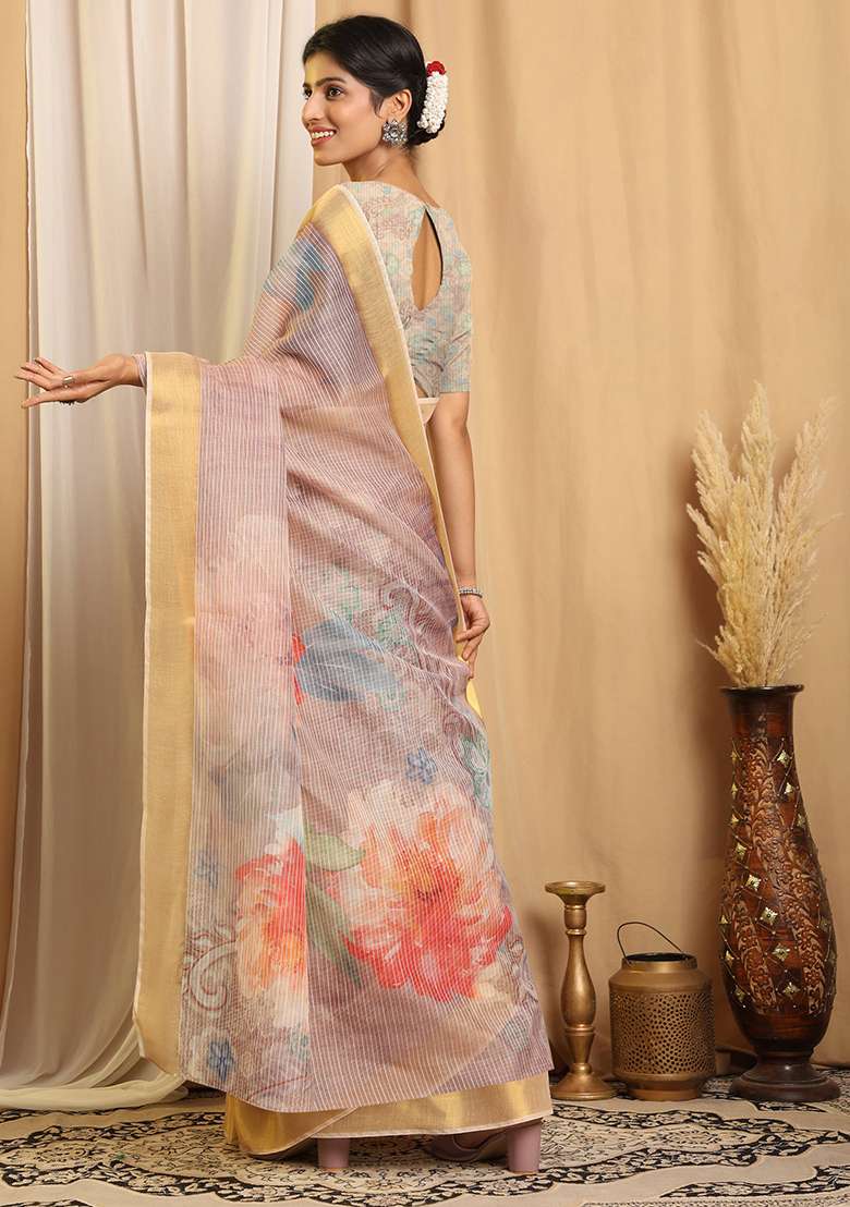 Purple Printed Chanderi Saree Set for Diwali and Festive Wear - Indya