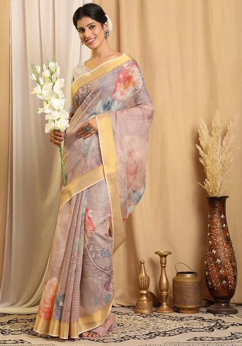 Purple Printed Chanderi Saree Set