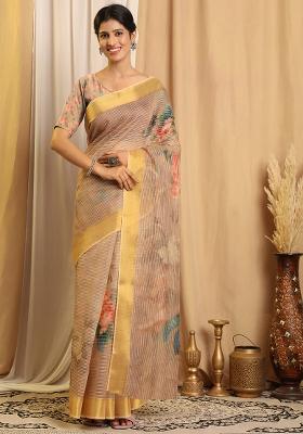 Beige Printed Chanderi Saree Set