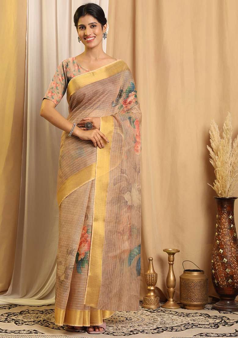 Beige Printed Chanderi Saree Set for Diwali and Festive Wear - Indya