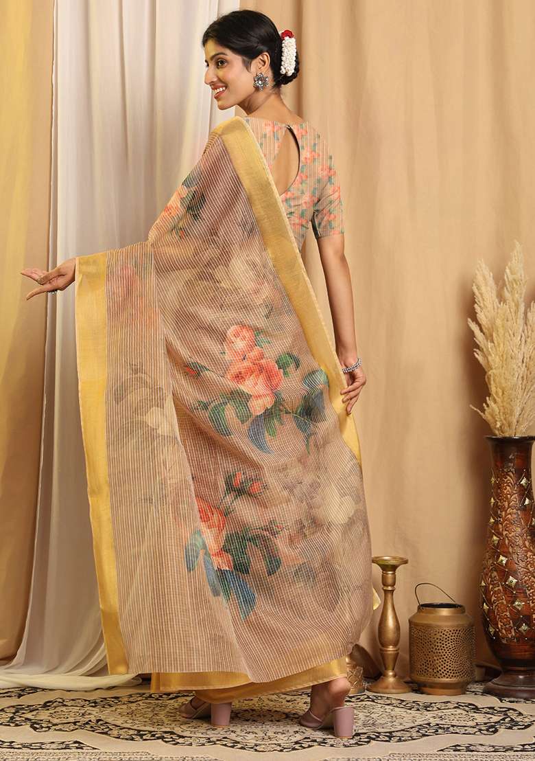 Beige Printed Chanderi Saree Set for Diwali and Festive Wear - Indya