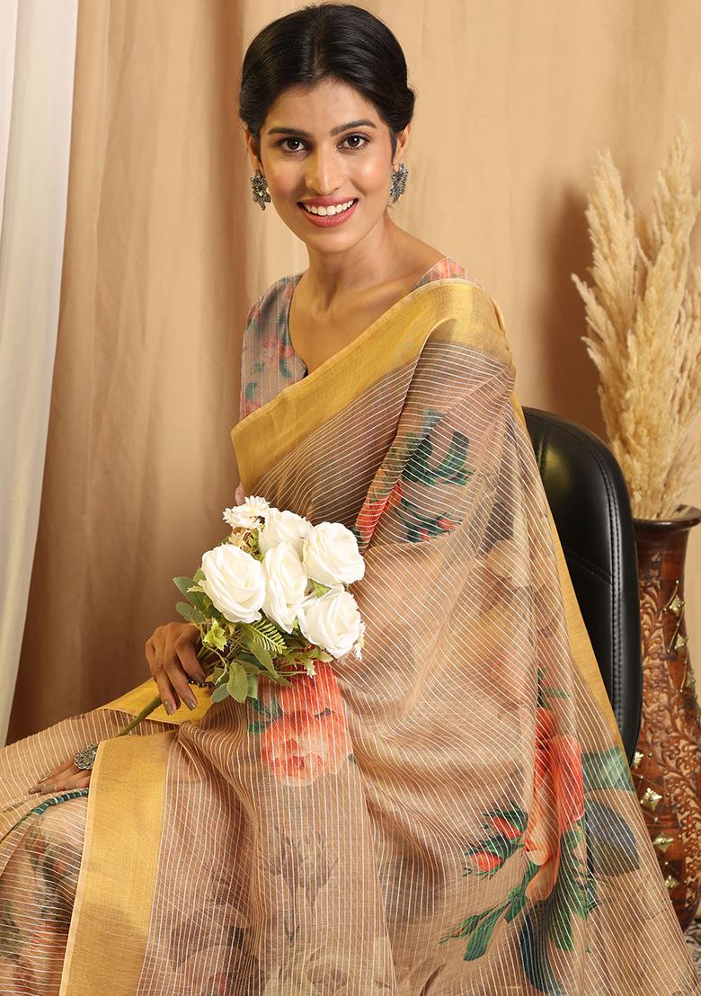 Beige Printed Chanderi Saree Set - Indya