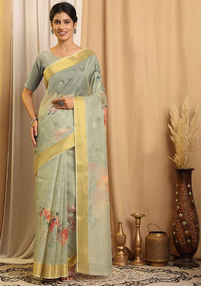 Green Printed Chanderi Saree Set for Diwali and Festive Wear - Indya