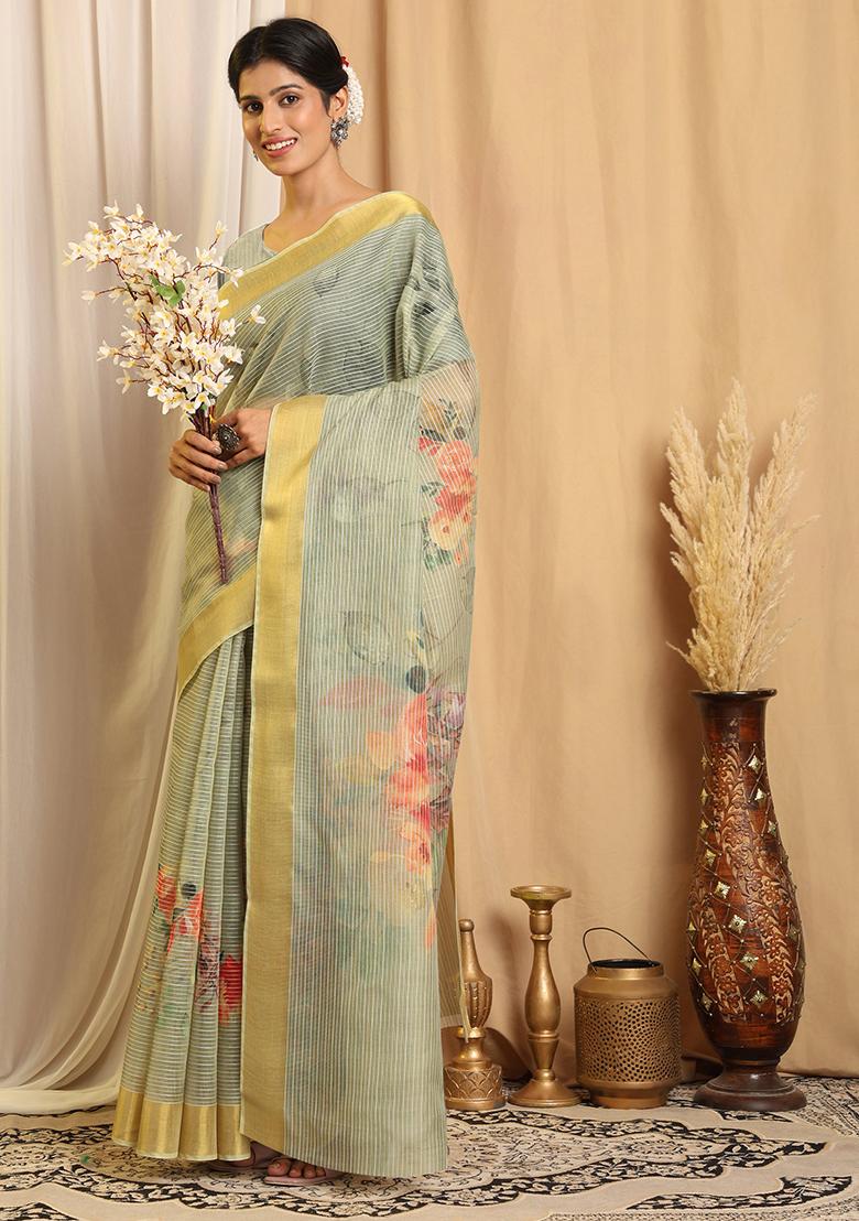 Green Printed Chanderi Saree Set - Indya