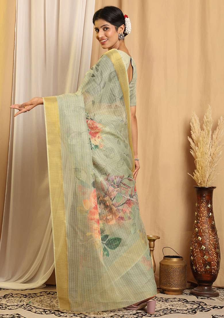 Green Printed Chanderi Saree Set for Diwali and Festive Wear - Indya