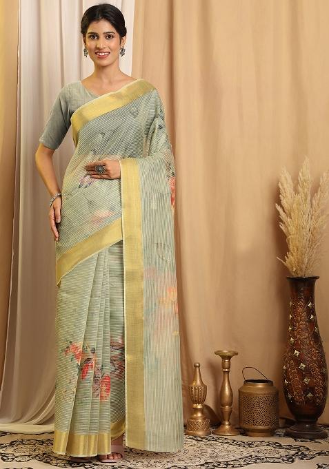 Green Printed Chanderi Saree Set