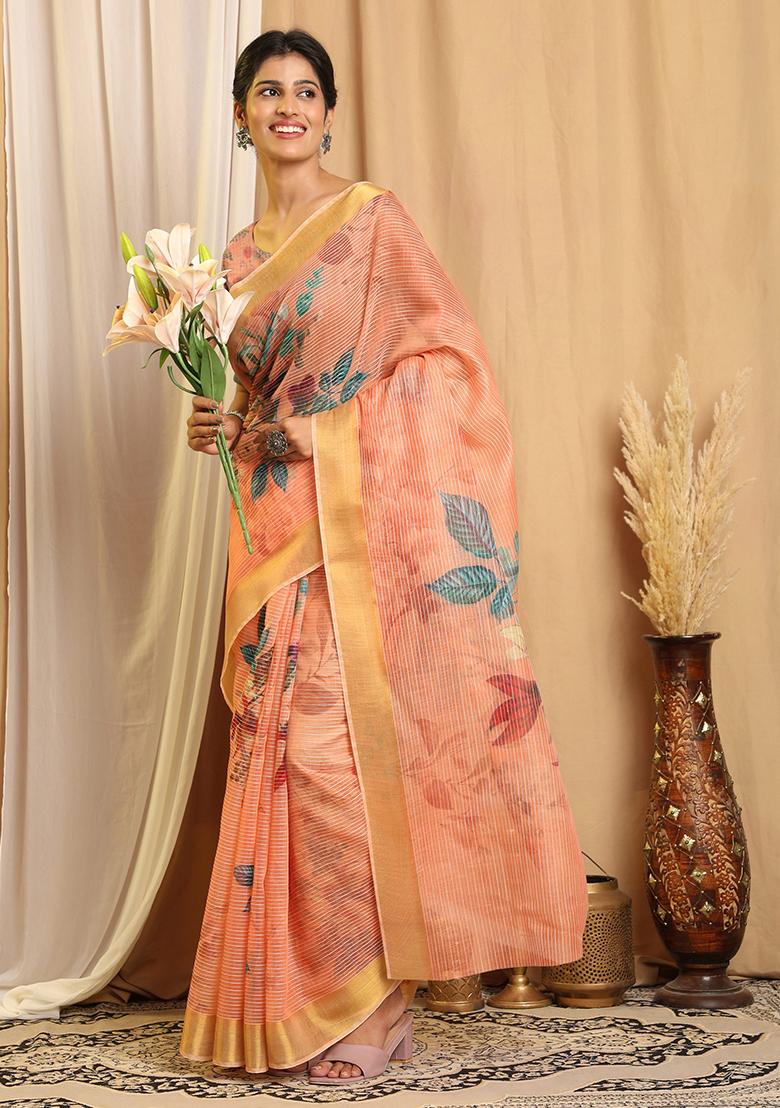 Pink Printed Chanderi Saree Set - Indya