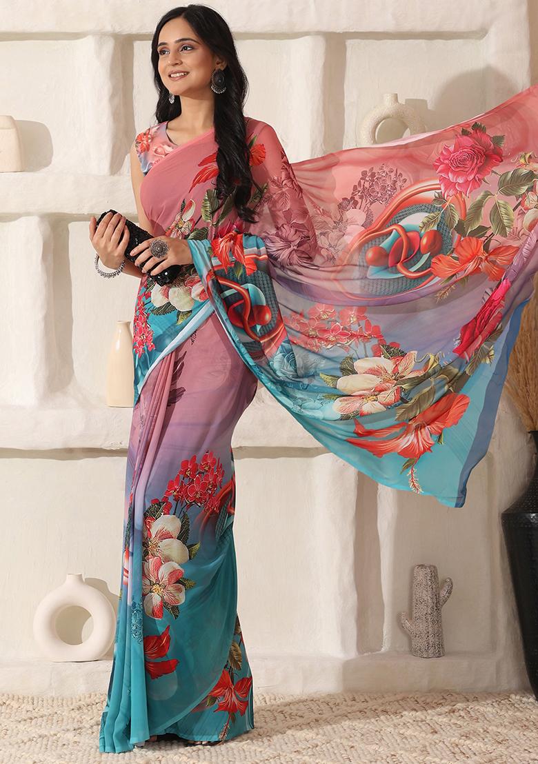 Pink Printed Georgette Saree Set - Indya
