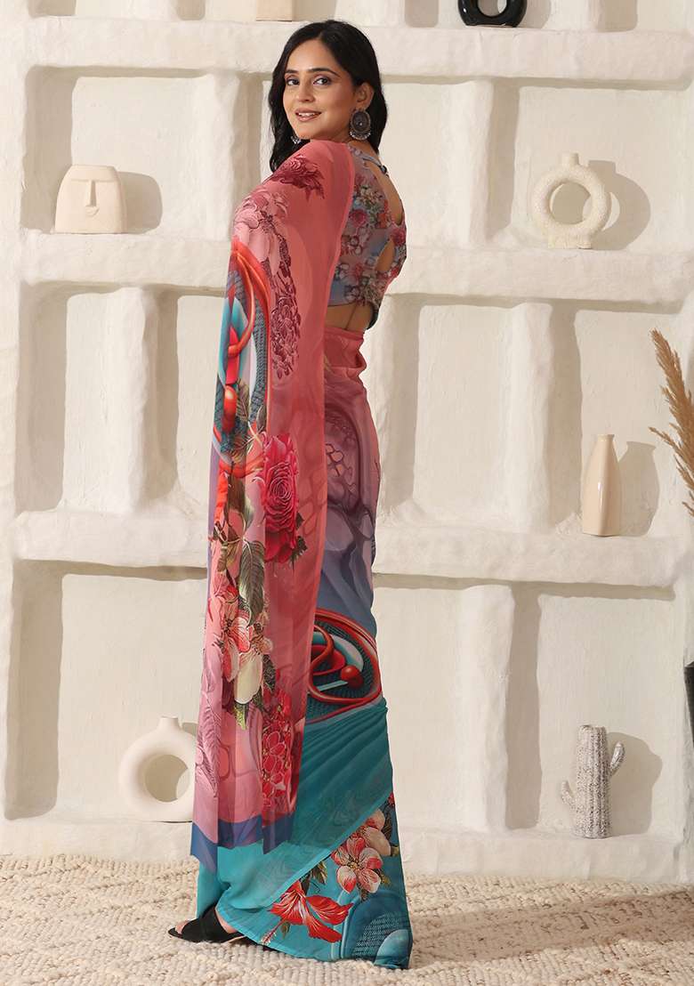 Pink Georgette Saree Set with Printed for Diwali | Wedding & Festive Wear - Indya