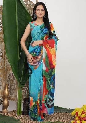 Blue Printed Georgette Saree Set