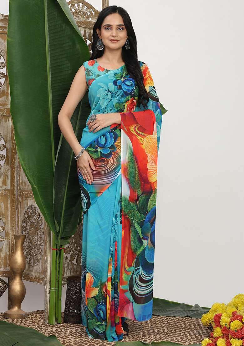 Blue Printed Georgette Saree Set for Diwali and Festive Wear - Indya