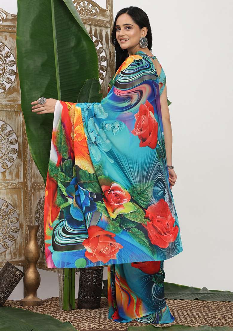 Blue Printed Georgette Saree Set for Diwali and Festive Wear - Indya