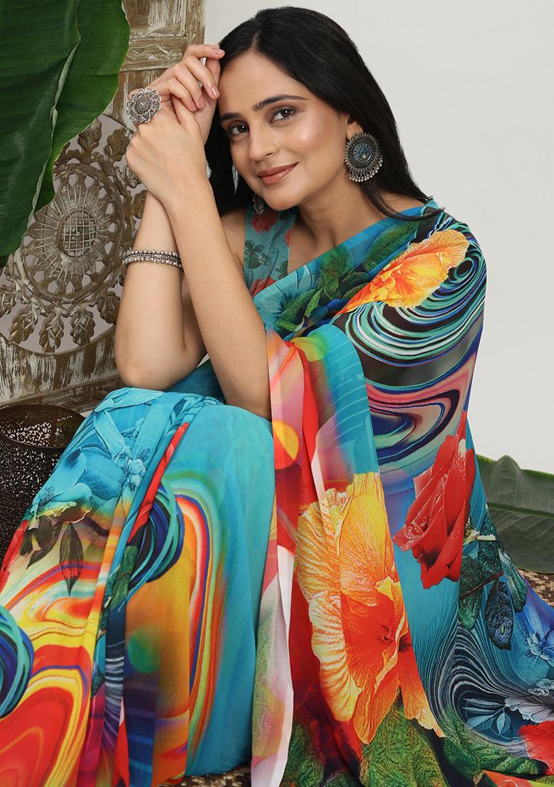 Blue Printed Georgette Saree Set - Indya